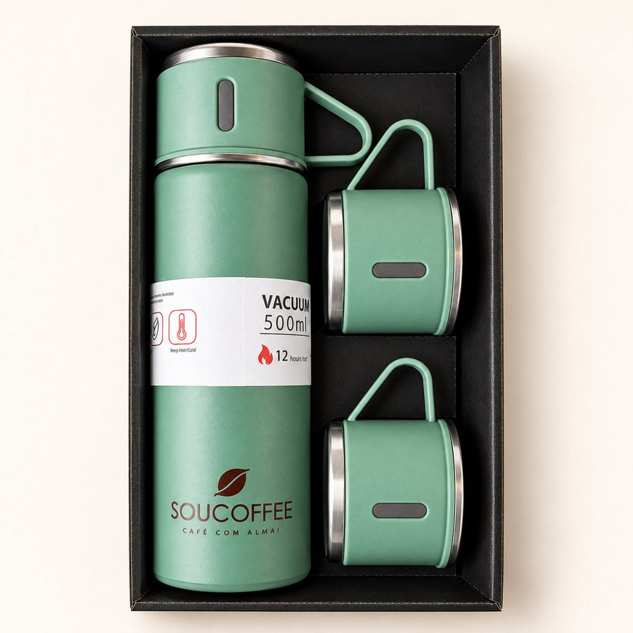 Kit Sou Coffee com garrafa térmica verde e xícaras em caixa preta
