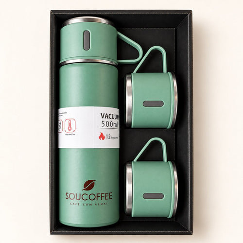 Kit Sou Coffee com garrafa térmica verde e xícaras em caixa preta