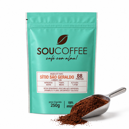 Embalagem do Sou Clube Café Moído com concha de café moído