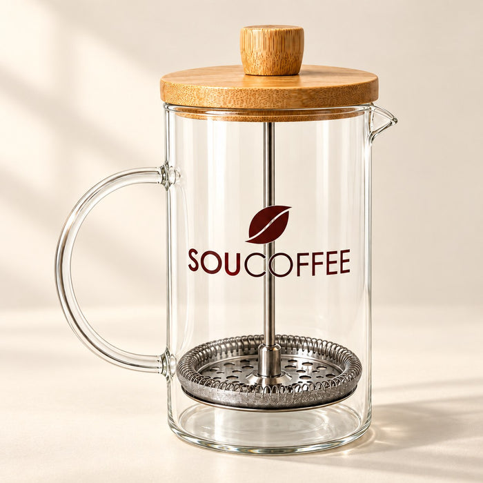 Cafeteira prensa francesa Sou Coffee com tampa de bambu